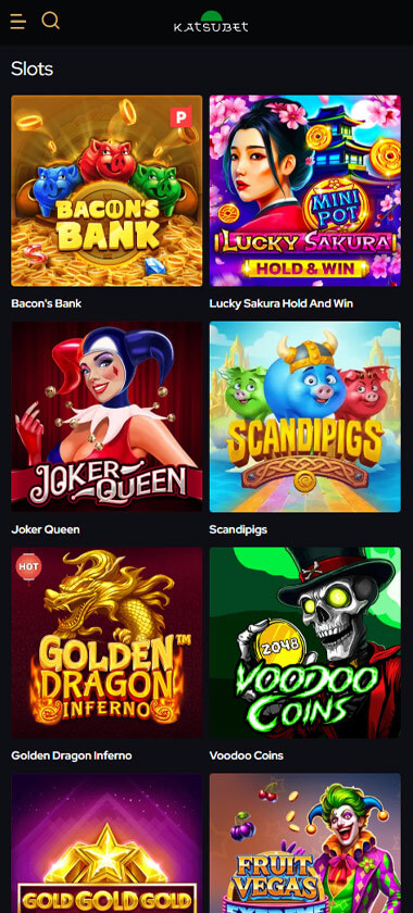 KatsuBet Casino mobile slots interface screenshot showing slot game selection with popular titles and filtering options - captured during platform testing