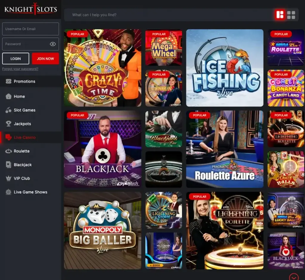 Knightslots Casino desktop live casino screenshot showing real-dealer tables including roulette, blackjack and baccarat on smartphone interface - tested Knightslots Casino desktop live casino screenshot showing real-dealer tables including roulette, blackjack and baccarat on smartphone interface - tested