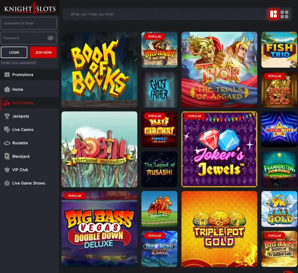 Knightslots Casino desktop slots screenshot showing slot game categories, featured titles and filtering options - tested Knightslots Casino desktop slots screenshot showing slot game categories, featured titles and filtering options - tested