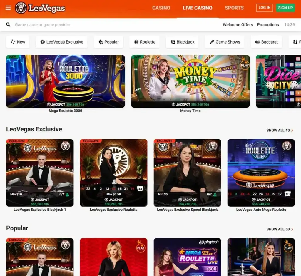 LeoVegas Casino desktop live casino screenshot displaying live dealer tables, streaming interface, and game selection grid on widescreen layout - tested