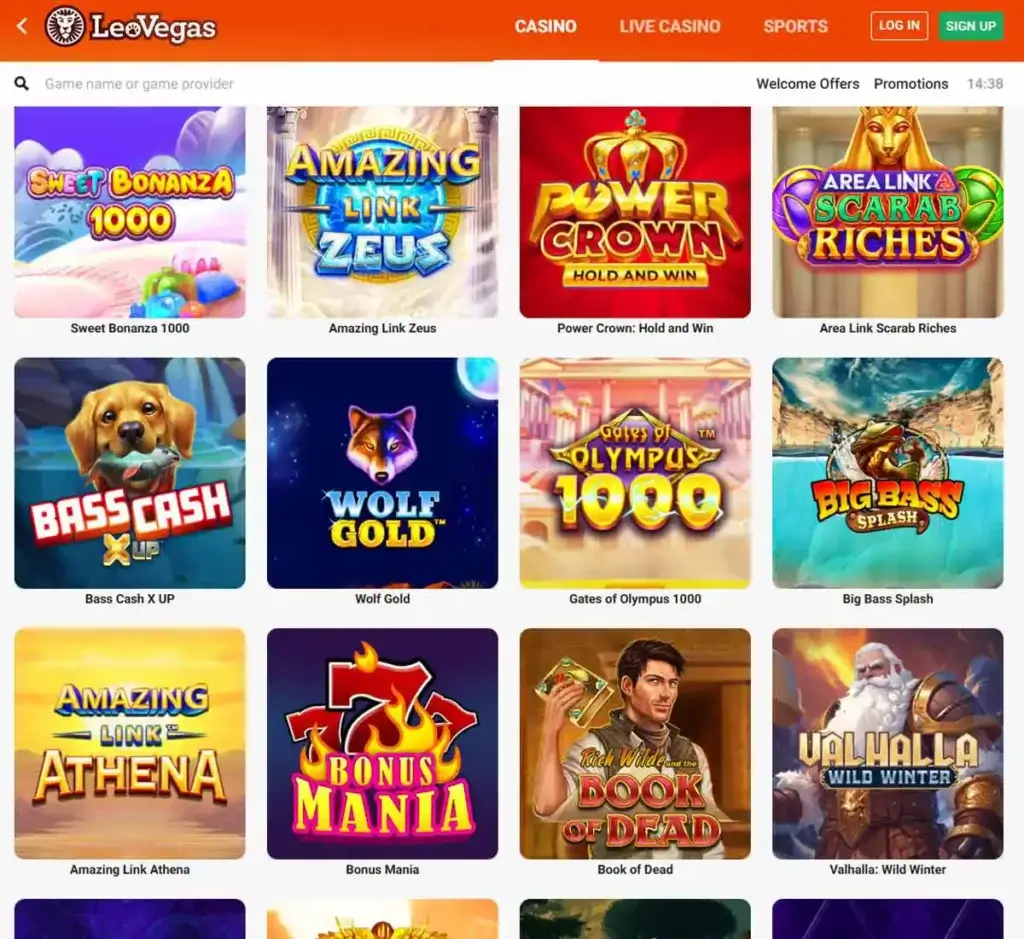 LeoVegas Casino desktop slots screenshot displaying full game library with categories, featured slots, and filtering options on widescreen interface - tested