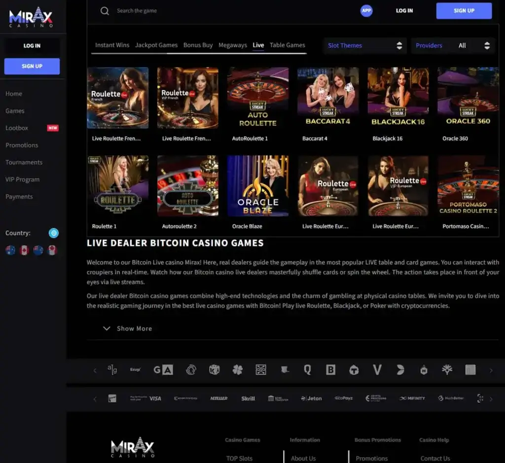 Mirax Casino desktop live casino screenshot displaying live dealer tables, game selection and streaming interface on widescreen layout - tested