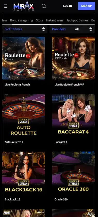 Mirax Casino mobile live casino screenshot showing live dealer tables, game thumbnails and lobby interface on smartphone - tested