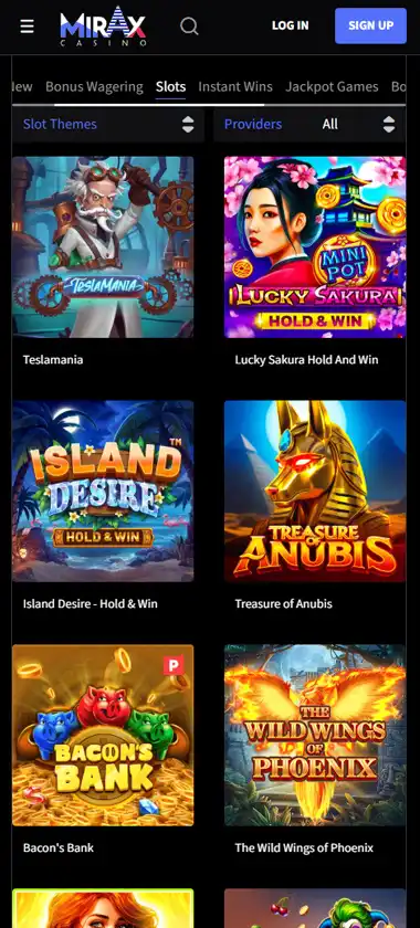 Mirax Casino mobile slots screenshot showing slot game library with featured titles, categories and navigation on smartphone interface - tested