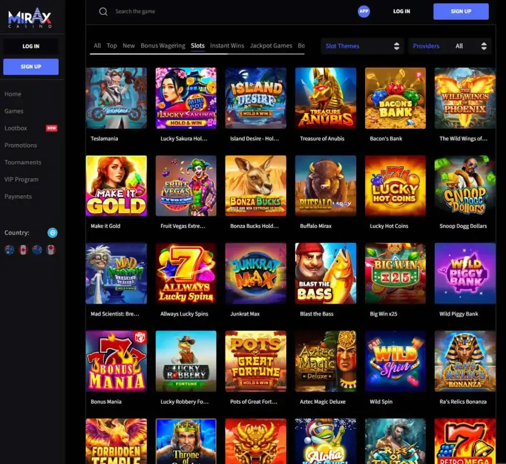 Mirax Casino desktop slots screenshot displaying full game library with categories, featured slots and filtering options on widescreen interface - tested