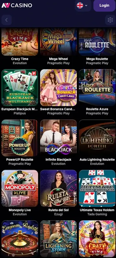NV Casino mobile live casino screenshot showing live dealer tables, game thumbnails, and lobby navigation on smartphone interface - tested