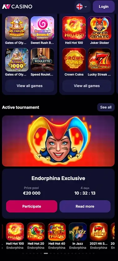 NV Casino mobile homepage screenshot showing navigation menu, featured games, and promotional sections on smartphone interface - tested