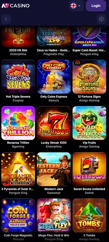 NV Casino mobile slots screenshot showing slot game library with featured titles, categories, and scrollable navigation on smartphone interface - tested