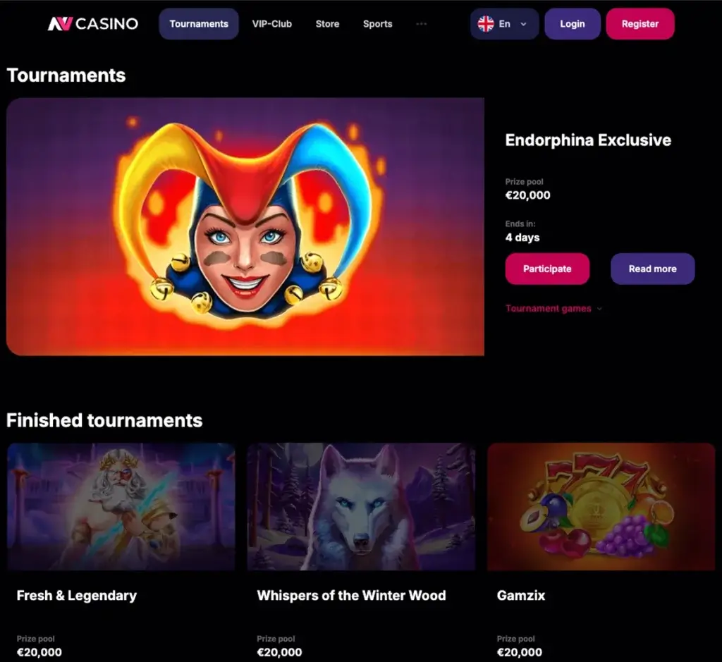 NV Casino desktop tournaments screenshot displaying active competitions, prize pools, leaderboard details, and tournament listings on widescreen interface - tested