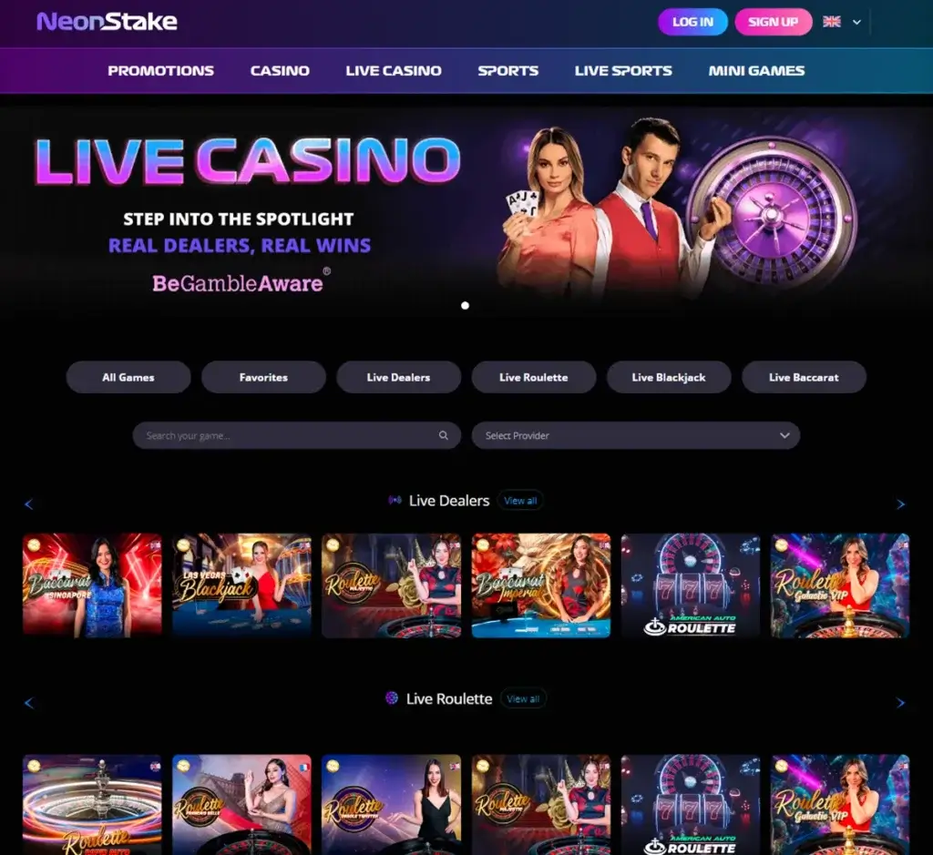Neonstake Casino desktop live casino screenshot displaying live dealer tables, streaming interface, and game selection grid on widescreen layout - tested