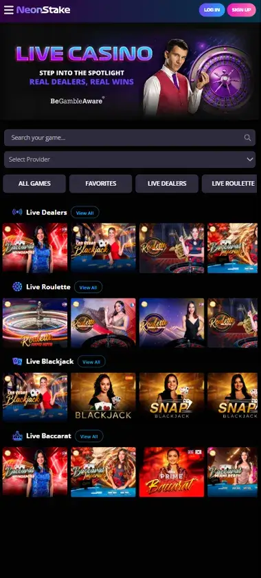 Neonstake Casino mobile live casino screenshot showing live dealer tables, game thumbnails, and lobby navigation on smartphone interface - tested