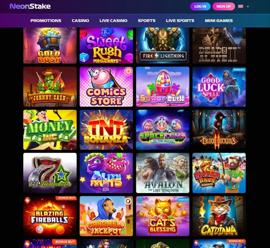 Neonstake Casino desktop slots screenshot displaying full game library with categories, featured slots, and filtering options on widescreen interface - tested