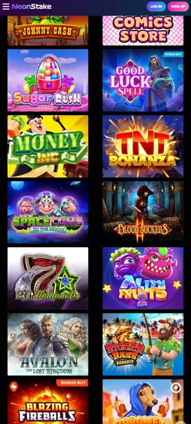 Neonstake Casino mobile slots screenshot showing slot game library with featured titles, categories, and scrollable navigation on smartphone interface - tested