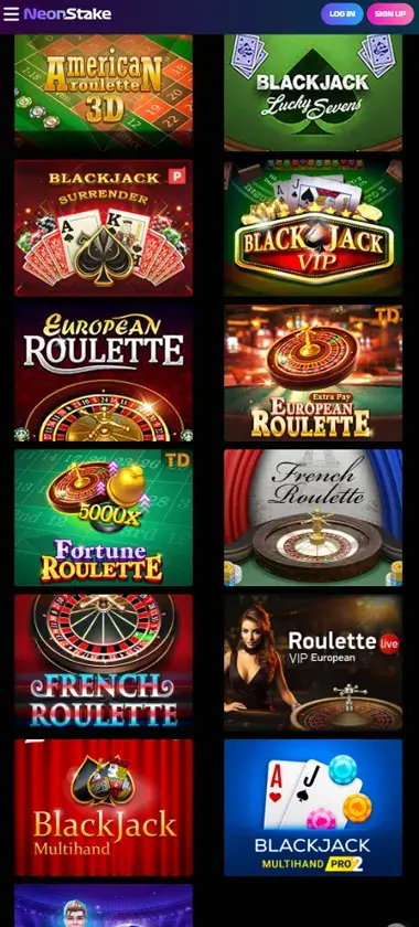 Neonstake Casino mobile table games screenshot showing blackjack, roulette, and other table game options with categories and game thumbnails on smartphone interface - tested