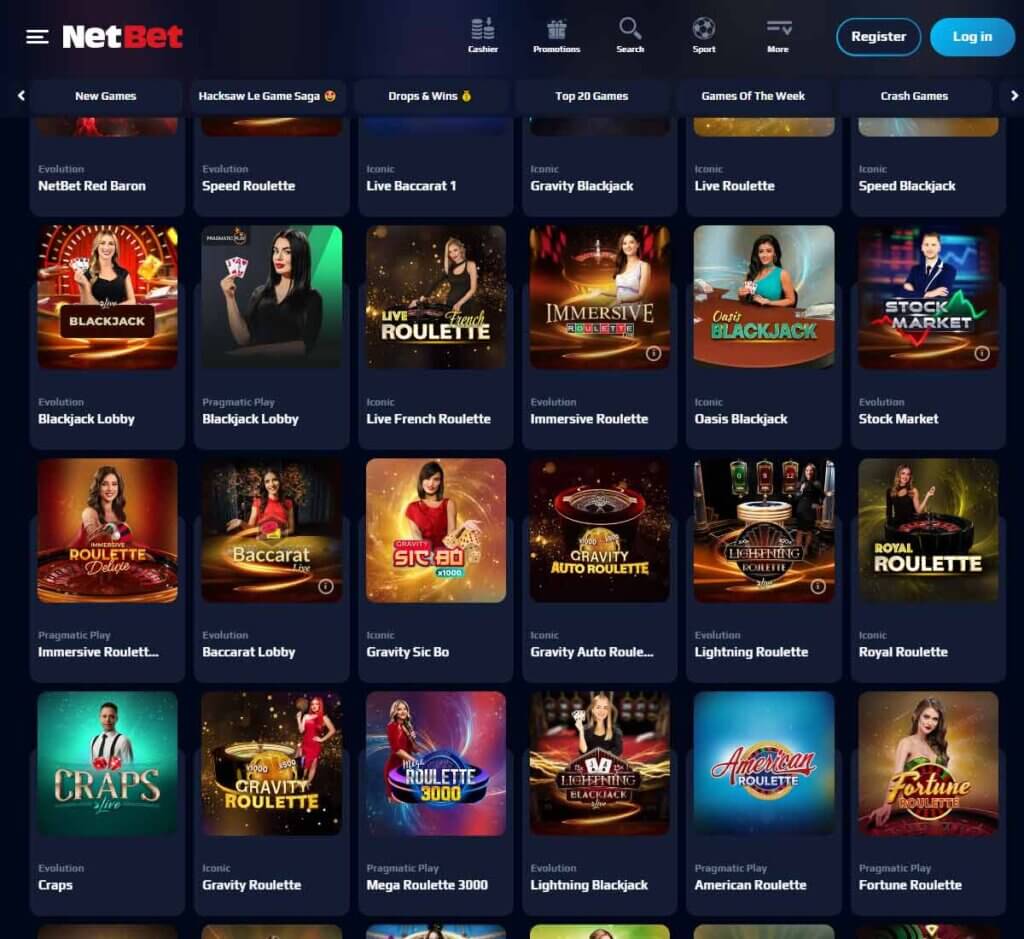 Netbet Casino desktop live casino screenshot showing real-dealer tables including roulette, blackjack and baccarat with lobby navigation - tested