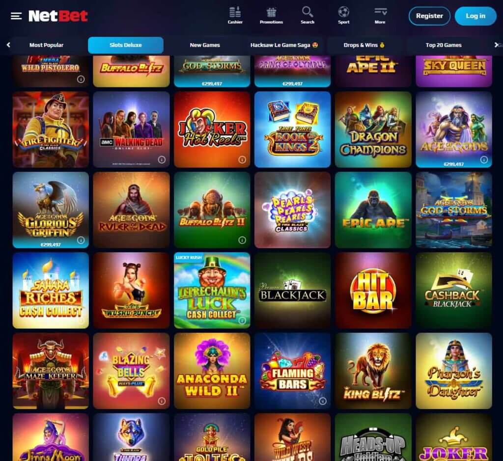 Netbet Casino desktop slots screenshot showing slot game categories, featured titles and filtering options - tested