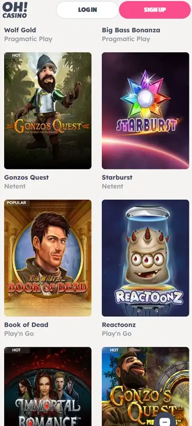 Oh Casino mobile slots screenshot showing a mobile-optimized selection of slot games with smooth navigation – tested