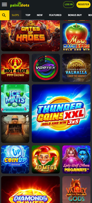 Palmslots Casino mobile slots screenshot showing slots lobby with featured games, categories and touch-optimized navigation - tested Palmslots Casino mobile slots screenshot showing slots lobby with featured games, categories and touch-optimized navigation - tested