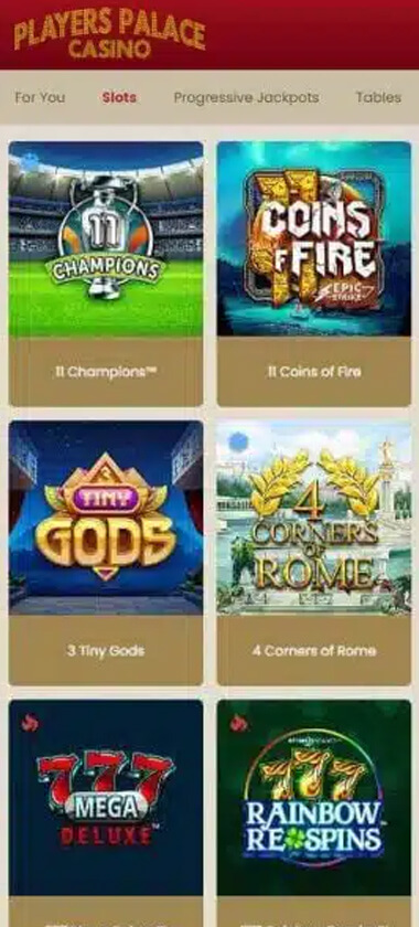 Players Palace Casino mobile slots screenshot showing slot game categories, featured titles and navigation on smartphone interface - tested
