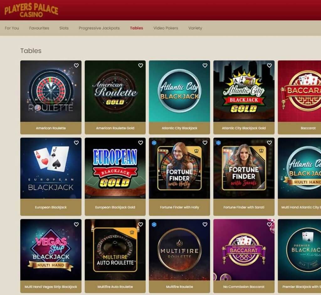 Players Palace Casino desktop live casino screenshot showing real-dealer tables including roulette, blackjack and baccarat with lobby navigation - tested