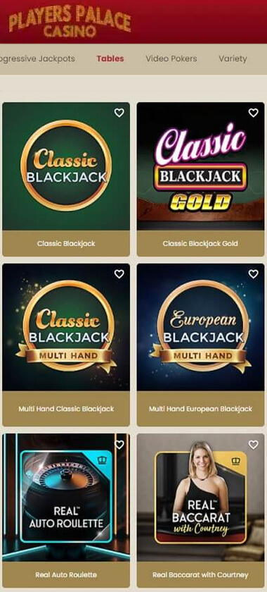 Players Palace Casino mobile live casino screenshot showing real-dealer tables including roulette, blackjack and baccarat on smartphone interface - tested