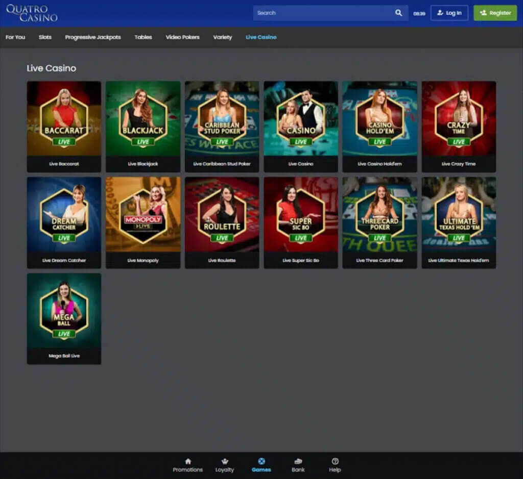Quatro Casino desktop live casino lobby screenshot featuring live dealer games and real-time streaming interface - review testing
