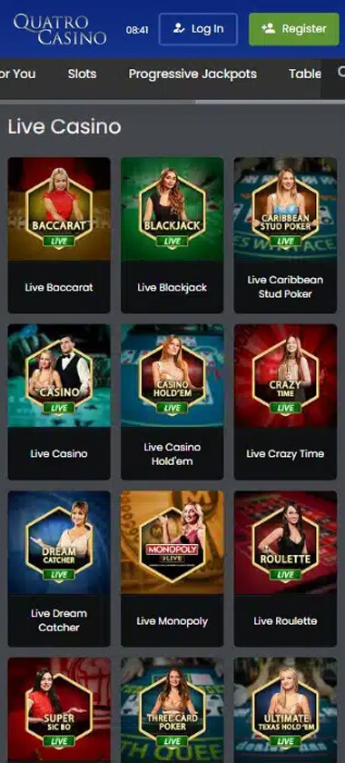 Quatro Casino mobile live casino interface screenshot showing live dealer tables including blackjack and roulette - tested