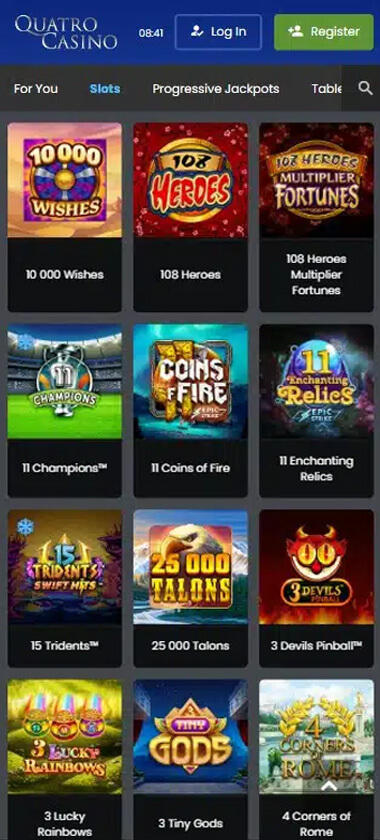 Quatro Casino desktop slots lobby - tested game categories and providers