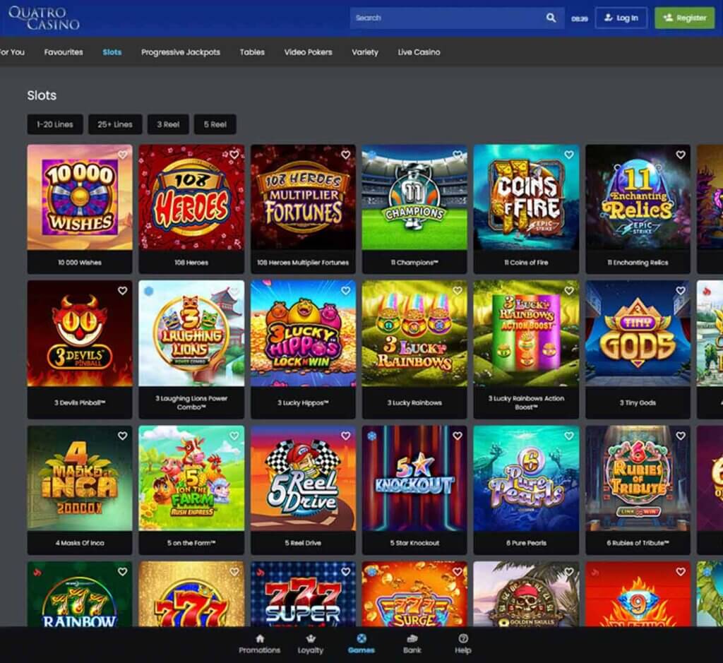 Quatro Casino desktop slots lobby screenshot presenting variety of slot games with categories and providers - verified