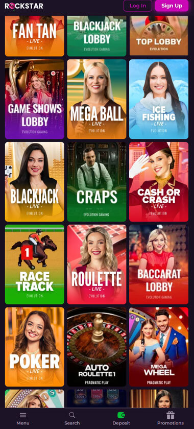 Rockstar Casino mobile live casino screenshot showing real-dealer tables including roulette, blackjack and baccarat on smartphone interface - tested Rockstar Casino mobile live casino screenshot showing real-dealer tables including roulette, blackjack and baccarat on smartphone interface - tested