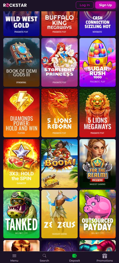 Rockstar Casino mobile slots screenshot showing slot game categories, featured titles and navigation on smartphone interface - tested Rockstar Casino mobile slots screenshot showing slot game categories, featured titles and navigation on smartphone interface - tested