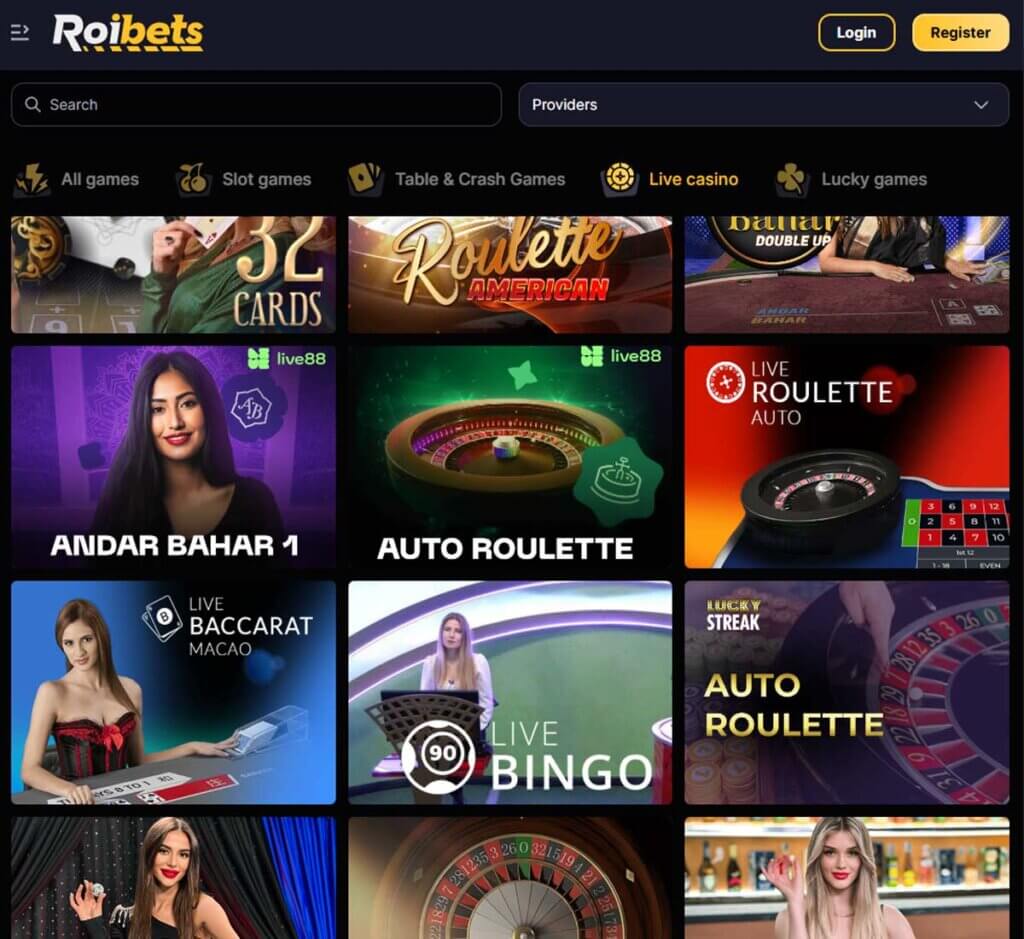 RoiBets Casino desktop live casino screenshot showing real-dealer tables including roulette, blackjack and baccarat with lobby navigation - tested RoiBets Casino desktop live casino screenshot showing real-dealer tables including roulette, blackjack and baccarat with lobby navigation - tested