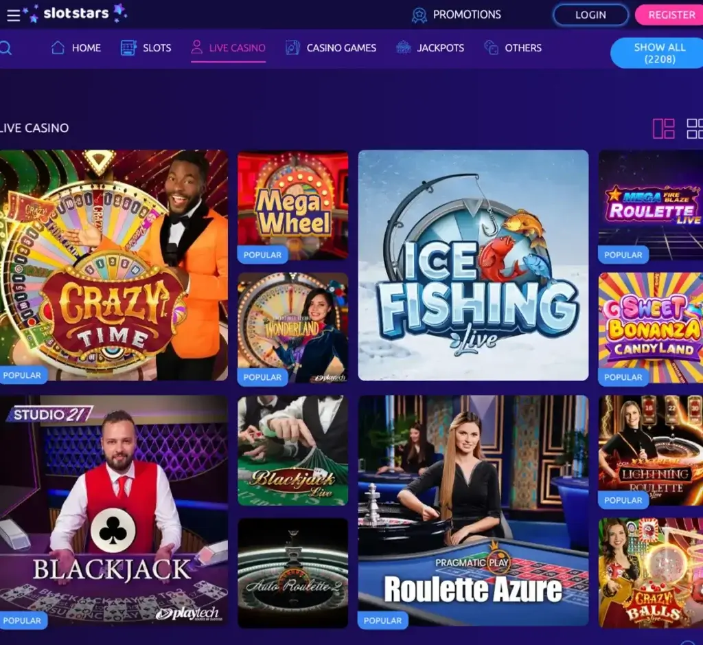 Slotstars Casino desktop live casino screenshot showing real-dealer tables including roulette, blackjack and baccarat on smartphone interface - tested
