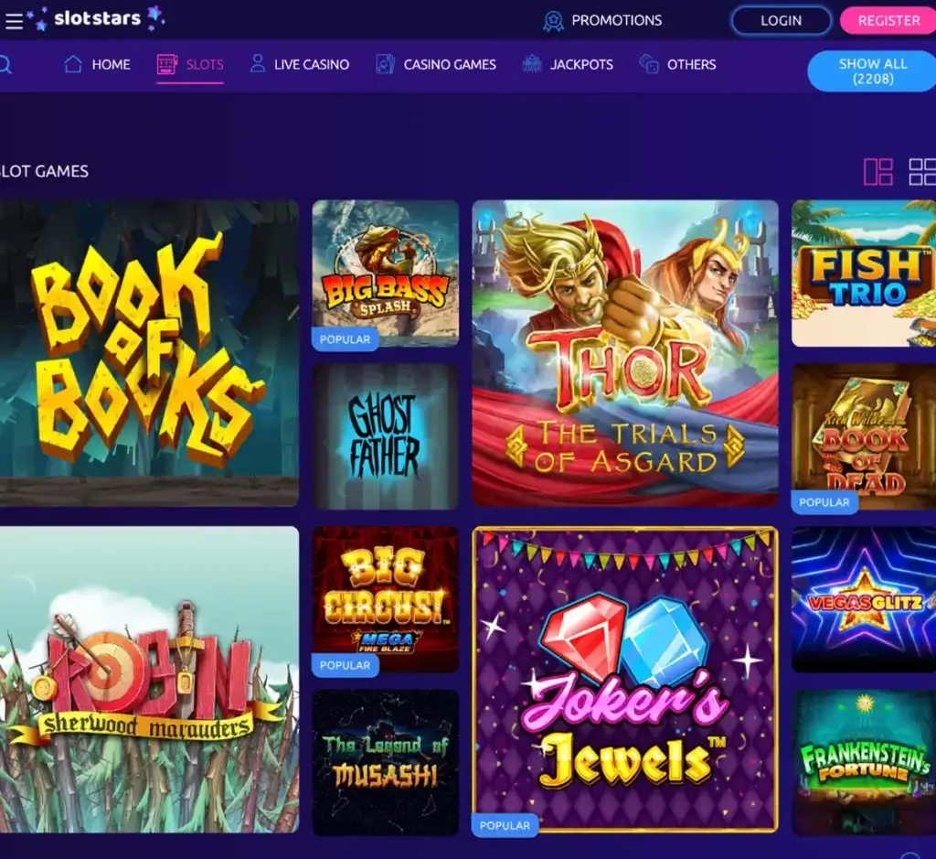 Slotstars Casino desktop slots screenshot showing slot game categories, featured titles and filtering options - tested