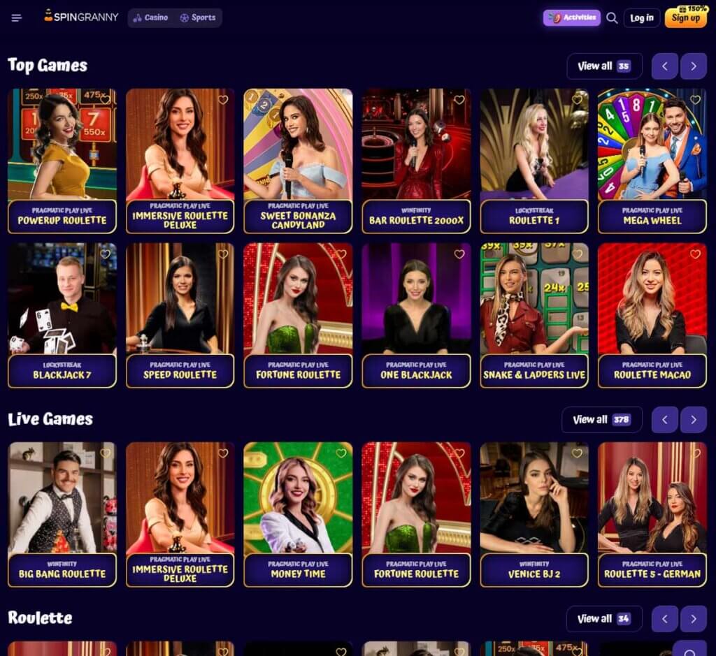 SpinGranny desktop live casino screenshot showing real-dealer tables including roulette, blackjack and baccarat with lobby navigation - tested SpinGranny desktop live casino screenshot showing real-dealer tables including roulette, blackjack and baccarat with lobby navigation - tested