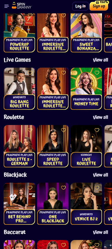 SpinGranny mobile live casino screenshot showing real-dealer tables including roulette, blackjack and baccarat on smartphone interface - tested