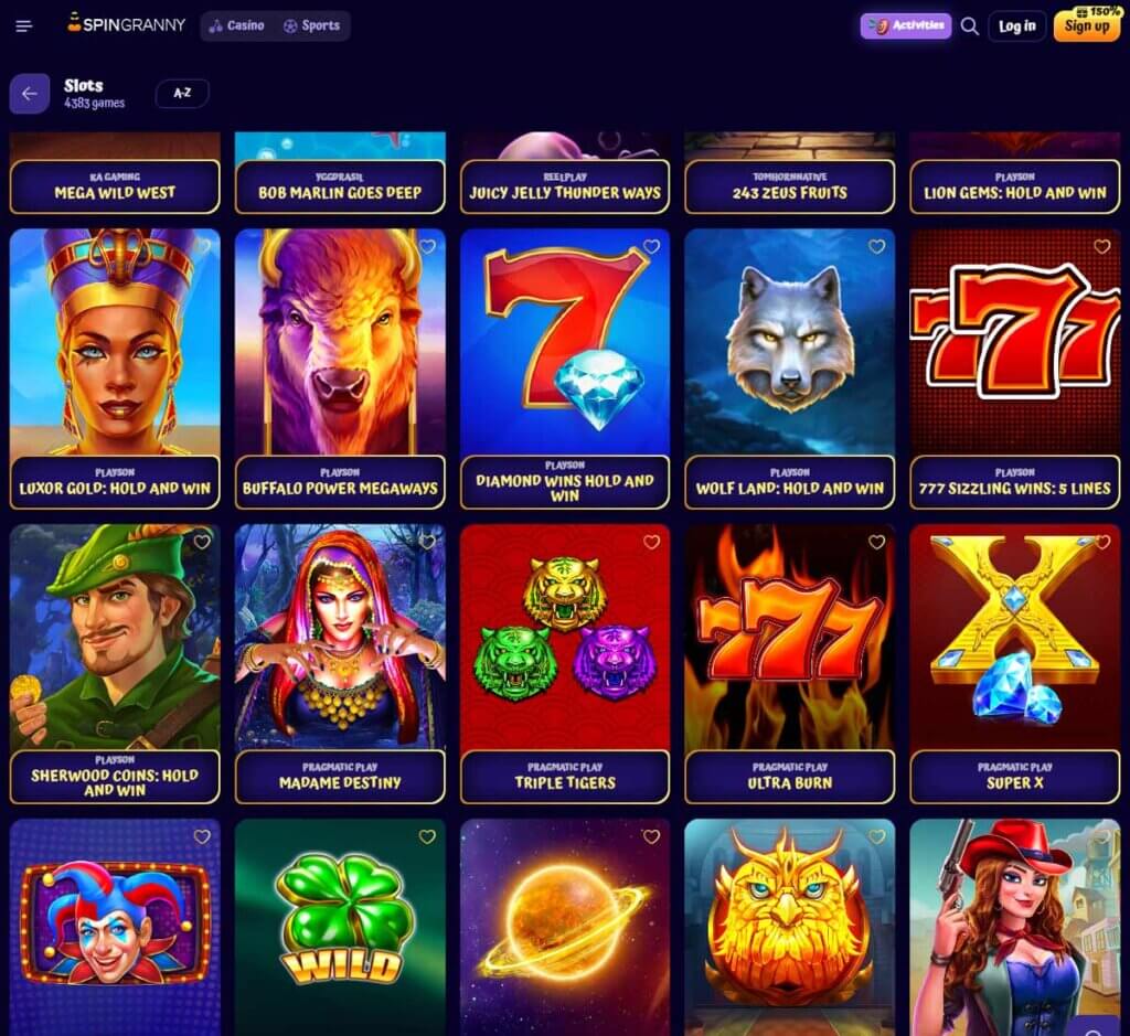 SpinGranny desktop slots screenshot showing slot game categories, featured titles and filtering options - tested SpinGranny desktop slots screenshot showing slot game categories, featured titles and filtering options - tested