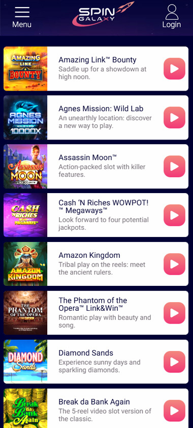 Spingalaxy Casino mobile homepage screenshot showing main lobby with featured games and promotions - captured during platform testing