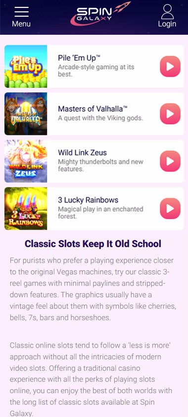 Spingalaxy Casino mobile slots interface screenshot showing slot game selection with popular titles and filtering options - captured during platform testing