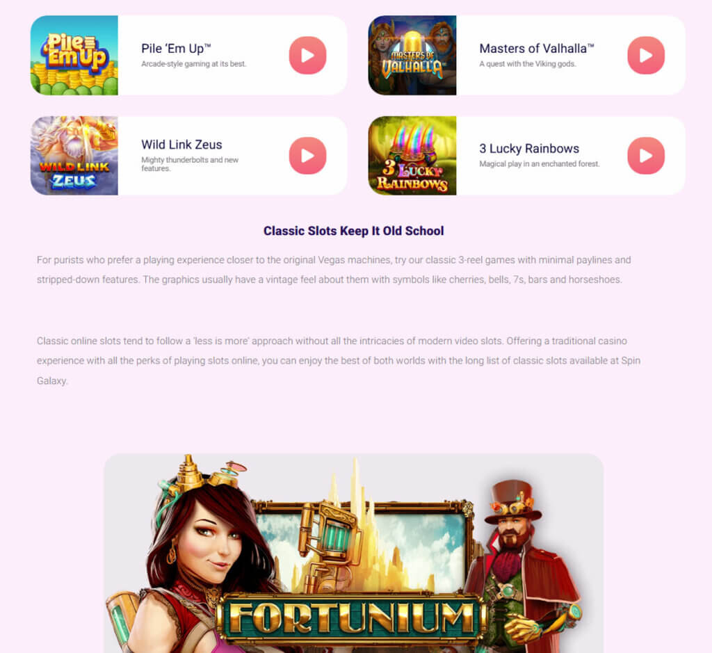 Spingalaxy Casino desktop slots lobby screenshot presenting variety of slot games with categories and providers - verified