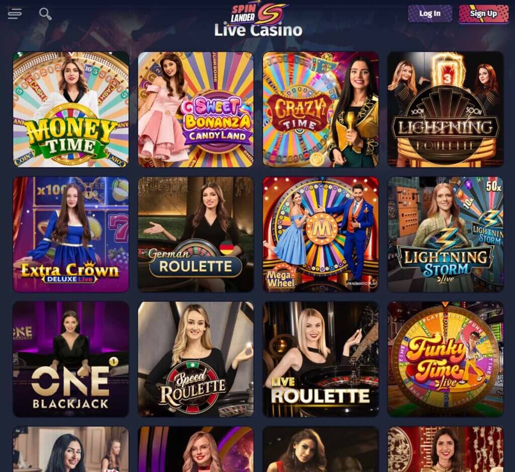 Spinlander Casino desktop live casino screenshot showing real-dealer tables including roulette, blackjack and baccarat with lobby navigation - tested