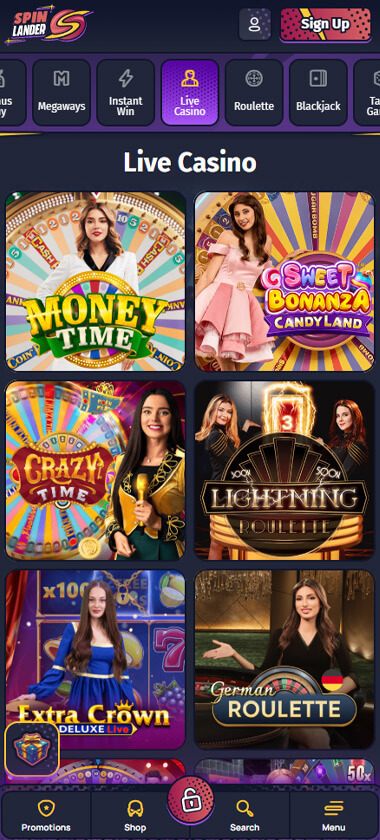 Spinlander Casino mobile live casino screenshot showing real-dealer tables including roulette, blackjack and baccarat on smartphone interface - tested