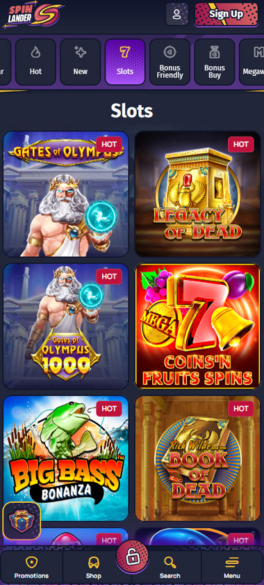 Spinlander Casino mobile slots screenshot showing slot game categories, featured titles and navigation on smartphone interface - tested