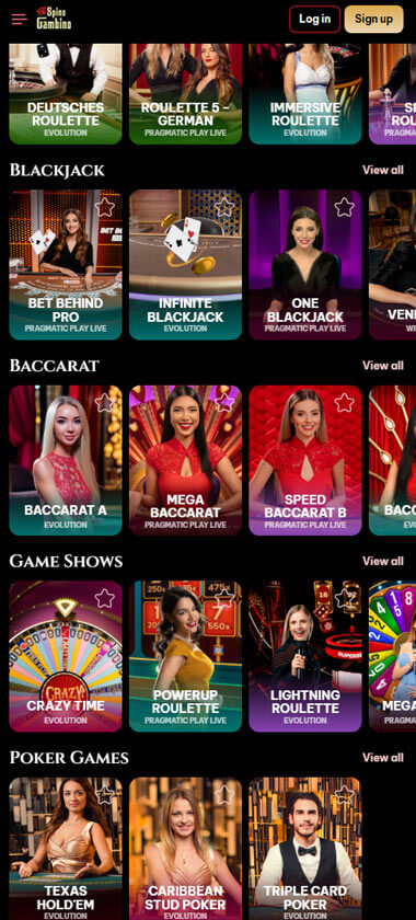 Spinogambino Casino mobile live casino screenshot showing real-dealer tables including roulette, blackjack and baccarat on smartphone interface - tested Spinogambino Casino mobile live casino screenshot showing real-dealer tables including roulette, blackjack and baccarat on smartphone interface - tested