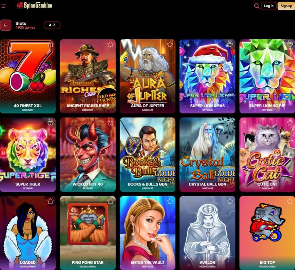 Spinogambino Casino desktop slots screenshot showing slot game categories, featured titles and filtering options - tested Spinogambino Casino desktop slots screenshot showing slot game categories, featured titles and filtering options - tested