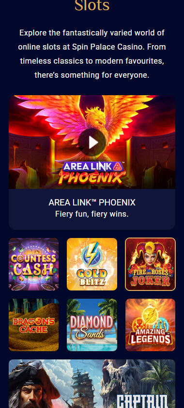 Spin Palace Casino mobile slots screenshot showing slot game categories, featured titles and navigation on smartphone interface - tested