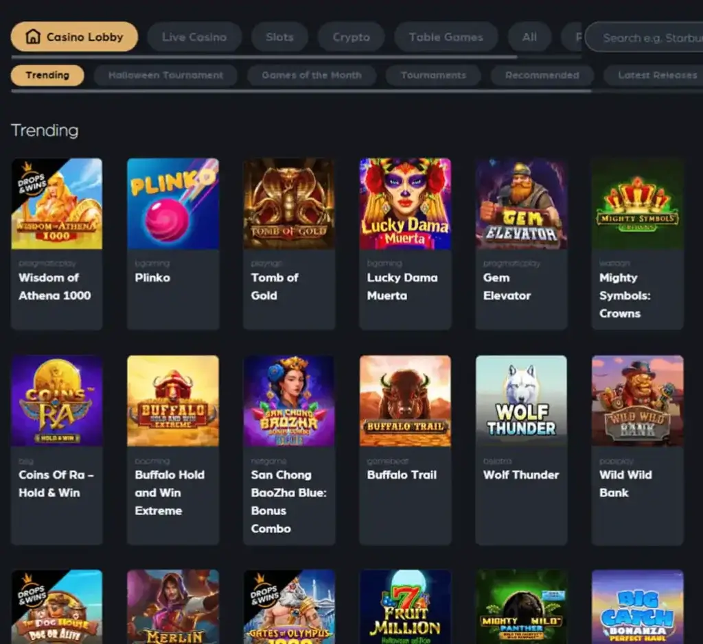The Clubhouse Casino desktop casino lobby screenshot displaying game categories, navigation menu, featured titles, and main lobby interface on widescreen layout - tested