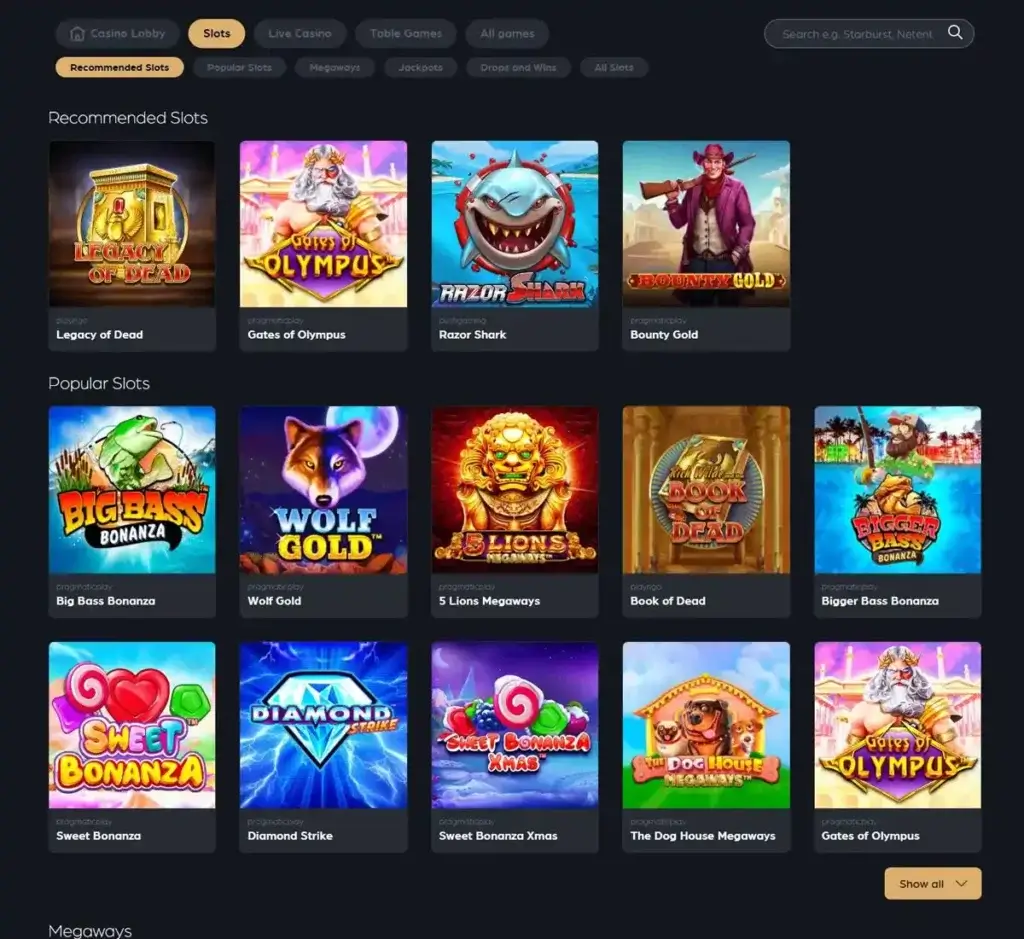 The Clubhouse Casino desktop slots screenshot displaying full game library with categories, featured slots, and filtering options on widescreen interface - tested
