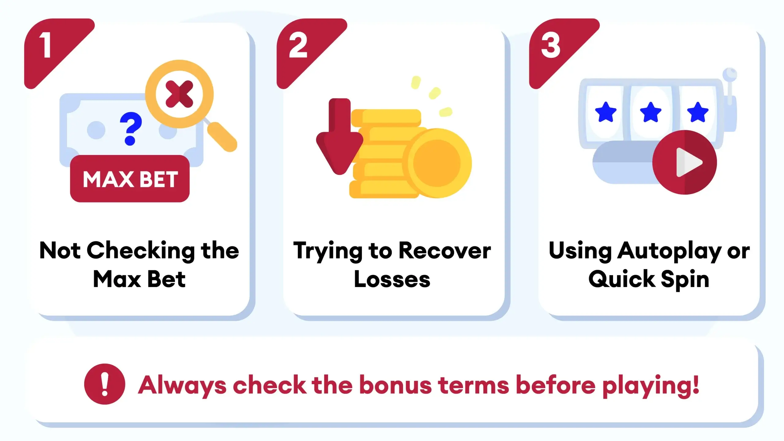 Checklist showing three common mistakes that can cause players to exceed a casino bonus maximum bet limit.