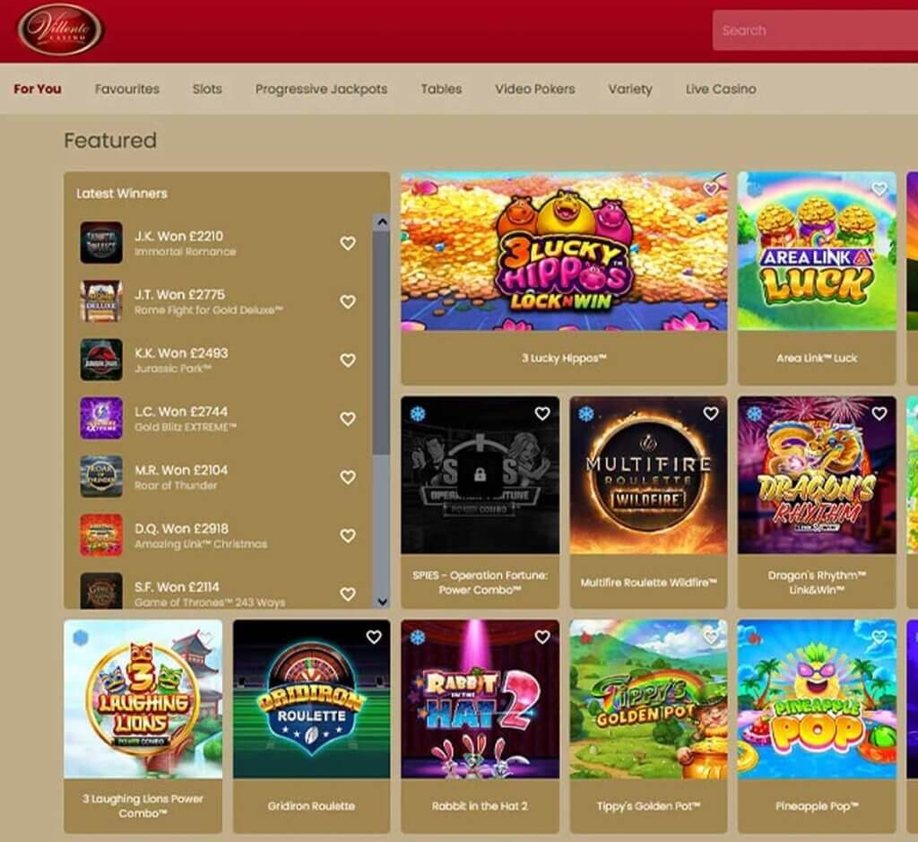 Villento Casino desktop homepage screenshot displaying main lobby with featured games, promotions and navigation menu - tested